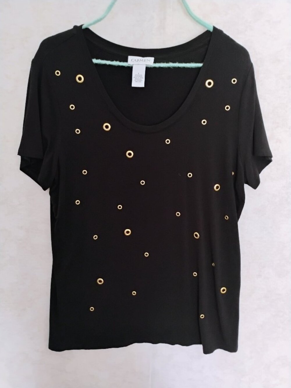 Carmen Black Gold Grommet Embellished Tee Large